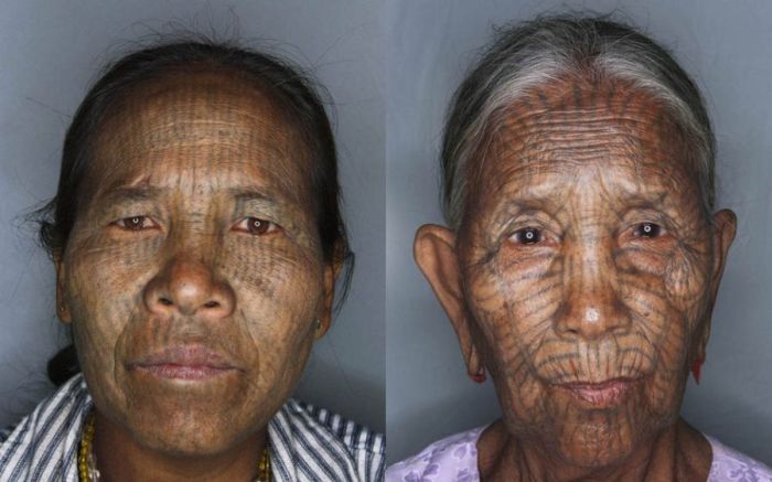 Татуированные лица женщин народности чин из Бирмы (14 фото)