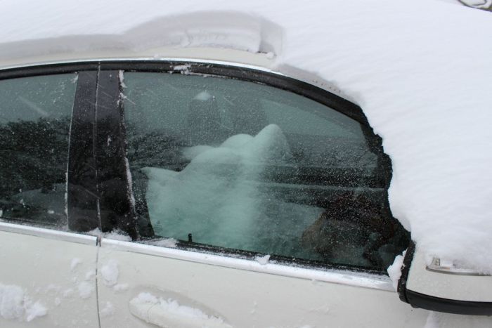 снег в машине, открытый люк