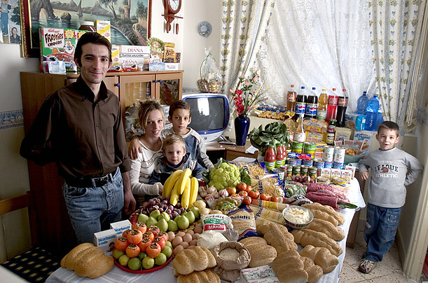 Италия. Семья Манзо из Сицилии.br/Расходы в неделю на еду: 214.36 Euros или $260.11