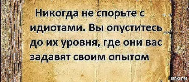 Понять опускаться. Никогда не спорьте с идиотами вы опуститесь. Никогда не спортесь с идиотами. Не спорьте с идиотами они задавят вас своим опытом. Никогда не спорьте.